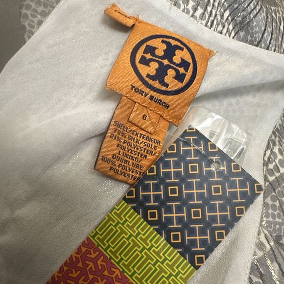 NWT Tory Burch Woman’s Bay Silk Blend Sheath Dress Gray Cream Metallic Gold $425 - Picture 9 of 10